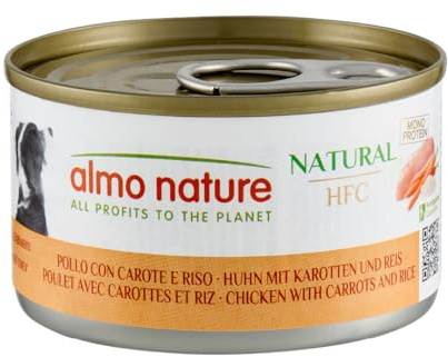 Almo Nature HFC Natural – våtfoder för hundar med kyckling med morötter och ris, ursprunglig livsmedelskvalitet och används nu för hundmat.