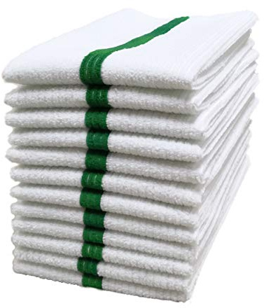 POLYTE Microfiber All-Purpose Ribbed Terry Bar Mop Towel for Home, Kitchen, Restaurant Cleaning (14x17, White w/Green Stripe) 12 Pack