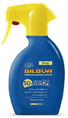 Bilboa Bimbi Trigger Solare Bambini con Protezione SPF 50+, Formula Anti Sabbia, Resistente all'Acqua e Anti Scottature, Dermatologicamente Testato, 250 ml