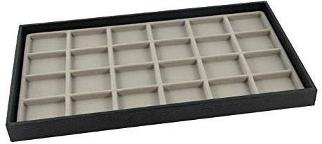 Schmucktablett aus Kunststoff, stapelbar, mit grauer Beflockung, Schwarz Tray with 24 Compartment Insert