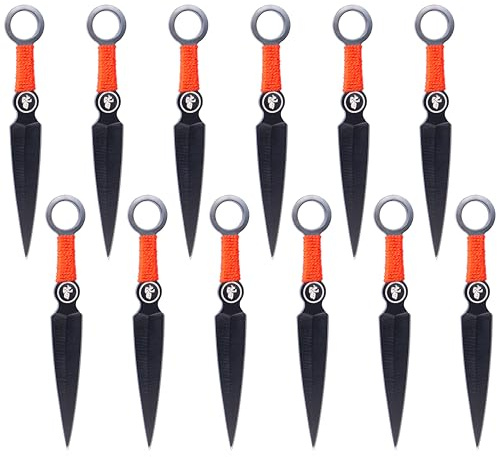 XXL SET 12er EXPENDABLES Wurfmesser Profi Kunai ca. 15,7cm - Throwing Knife - schnelles Werfen Messer Edelstahl - Trainingsmesser - Gürtelmesser - Messer Set inklusive 2 Holster aus Nylon schwarz, rot