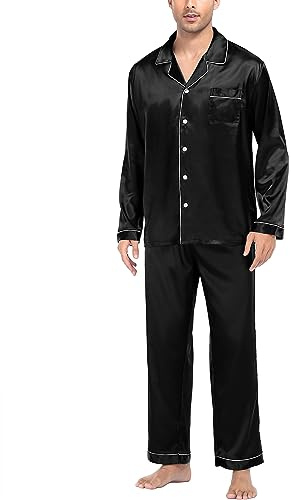 SWOMOG Mens Satin Pyjama Set Button-Down Pyjamas Silk Long Sleeve Sleepwear Black Pjs for Men