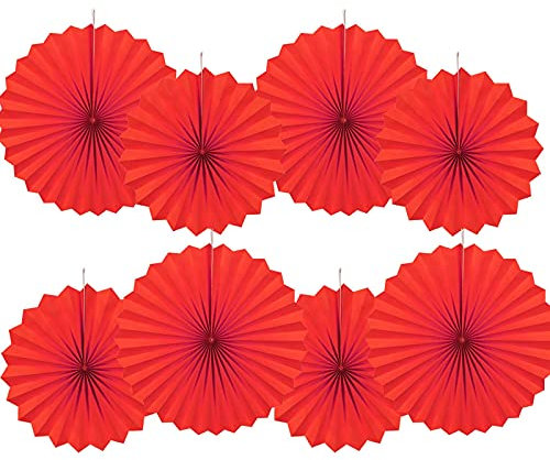 Party Hanging Red Paper Fans Set,40.6CM(16in) and 30.4CM(12in) Round Paper Ceiling Party Decoration Suppiles,Set of 8