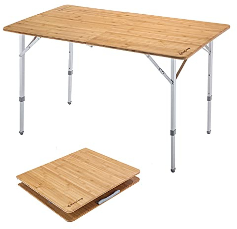 KingCamp Bamboo Folding Table Camping Table with Adjustable Height Aluminum Legs Heavy Duty 176 lbs 2-Folds Portable Camp Tables for Travel, Picnic, Beach, 6 People
