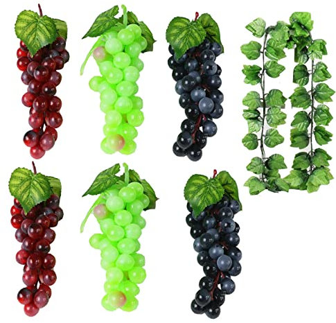 通用 7 Stück Künstliche Trauben Deko, Gefälschte Trauben, für Kuenstliche Weinrebe Obst Fuer Heim Garten Dekoration, Dekor Faux Obst Requisiten (3 Farben Kommt mit einem Rattan)