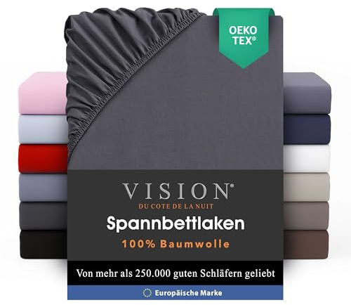 VISION Spannbettlaken – 100% Baumwolle – Doppelbett (150 x 200 cm) – Elastische Ecken – Passend für Matratzen bis zu 30 cm – Öko-Tex-Zertifizierung – Maschinenwaschbar – Farbe: Dunkelgrau