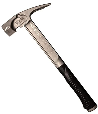Boss Hammer Pro Series Titanium Hammer with Over-Molded No-Slip Rubber Grip - 14 oz, Construction Grade, Dual Side Nail Pullers, Smooth Faced - BH14TIS