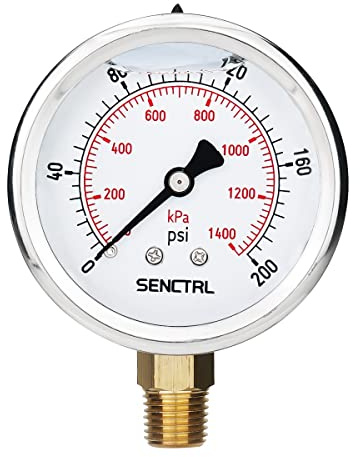 SENCTRL 0-200 Psi Glycerin Liquid Filled Pressure Gauge, 2.5 Dial Size, 1/4 NPT Lower Mount, Stainless Steel Case, for Water Oil Pressure Test in Pipe Pool Pump Sand Filter Air Compressor