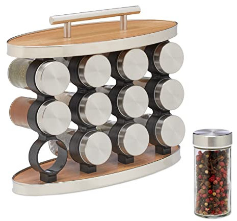 Relaxdays Portaspezie da Cucina, 12 Barattoli in Vetro, Inserto Spargispezie, Manico, HLP: 23,5x28x12 cm, Argento Natura