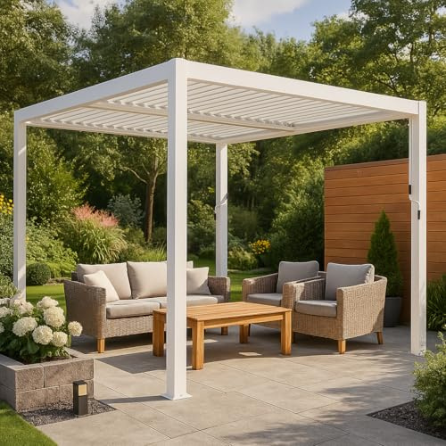 Pergola Bioclimatica Luxury con struttura in alluminio Bianco, tetto lamellare orientabile, da giardino e veranda (4 x 4 mt)