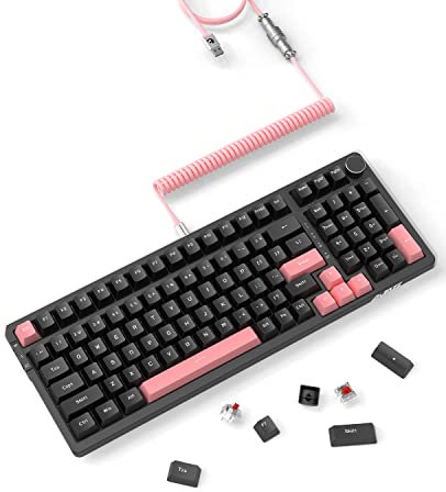 AJAZZ Mechanische Gaming-Tastatur mit 96% Hot-Swap-fähiger Dichtung und speziell gewickeltem USB-C-Kabel, Dreifachmodus 2,4 G / BT5.1 / kabelgebundene 99 Tasten mit Knopf (Schwarz-Roter Schalter)
