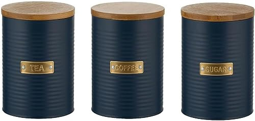 Home Deco London Tea Coffee and Sugar Set of 3 Round Containers Perfect for Storing | Airtight Kitchen Storage Caddy Canister Jars | with Bamboo Lid 1 Litre (Navy Tea, Coffee & Sugar Storage Set)