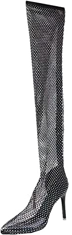 Stivali da donna in rete velati con diamanti scintillanti, stivali alti al ginocchio, a punta, tacco alto, stivali sexy con strass, lunghezza coscia, stivali per feste serali, taglia 36-40, Nero , 40