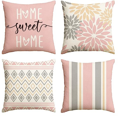 Artoid Mode Rosa Dahlien Geometrisch Kissenbezüge 4er Set, 40x40 cm Frühling Zierkissenbezug Cushion Cover Couch Wohnzimmer Außenbereich Deko