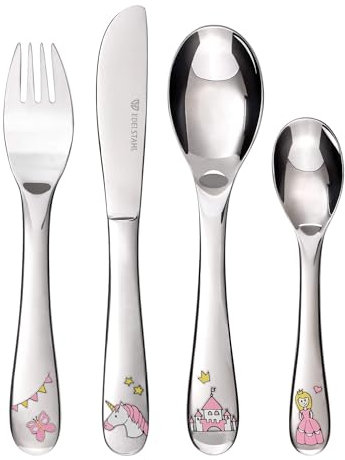 GRÄWE Princesa - Cubertería infantil de acero inoxidable, 1 set de 4 piezas, tenedor, cuchara, cuchillo y cuchara pequeña para niños a partir de 3 años, paquete de regalo