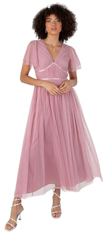 Anaya with Love Women's Women's Ladies Midaxi Dress V-Neck Short Flutter Sleeve Ribbon A-line Tulle for Bridesmaid Wedding Guest Prom Ball Gown Dress (Pack of 1)