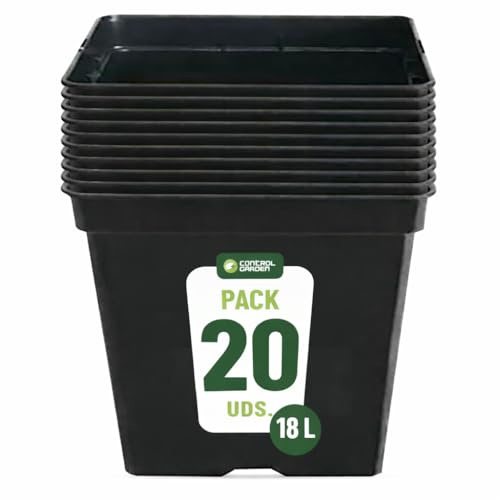 GROWMANIA Pack 20 Macetas Cuadrada para Plantas Negra 18L - Cinco Maceteros de Plástico para Flores 30x30x30 cm