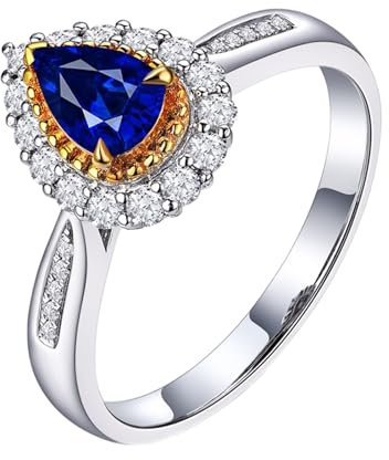 Ringe Frauen Verlobung, Eheringe Weissgold 18 Karat Weißgold AU750 Lab Saphir 0.61CT Blau Tropfenschliff VVS mit Diamant Weiß Größe Npassbar