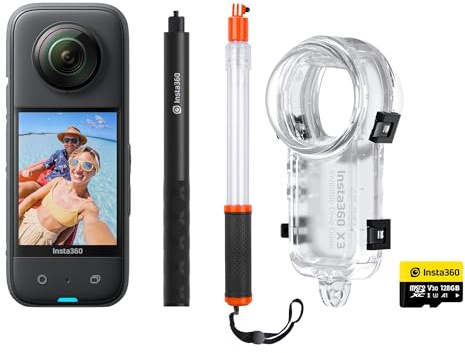 Insta360 X3 - Kit de Buceo de cámara de acción de 360 Grados, Incluye Estuche de Buceo Invisible de 50 m + Palo Selfie Invisible + Palo Selfie Flotante Transparente + 128 GB