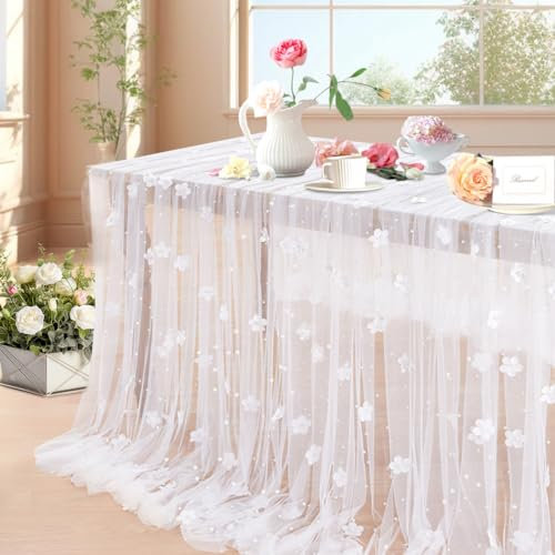 LuoluoHouse Tovaglia in tulle bianco perla: 3 m fiore perla runner da tavola in tulle tessuto di pizzo tovaglia per matrimonio arco per addio al nubilato, velo, baby shower, decorazioni per la tavola