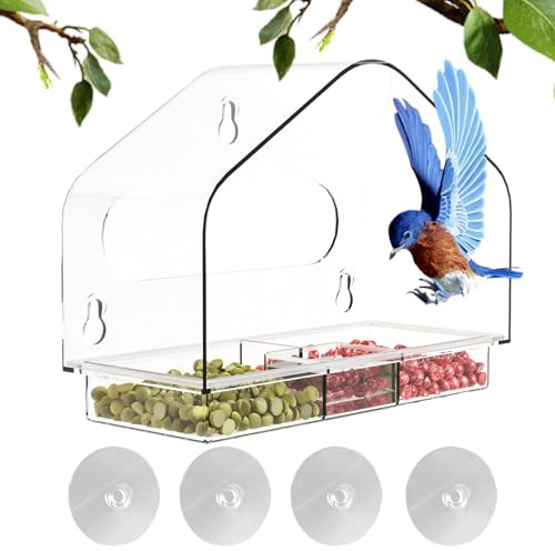 Clear Window Bird Feeder - Window Mount Bird Feeder,Window Bird Feeder with Strong Suction Cups, Bird House Window Feeders for Viewing, Squirrel Proof, Removable Food Tray
