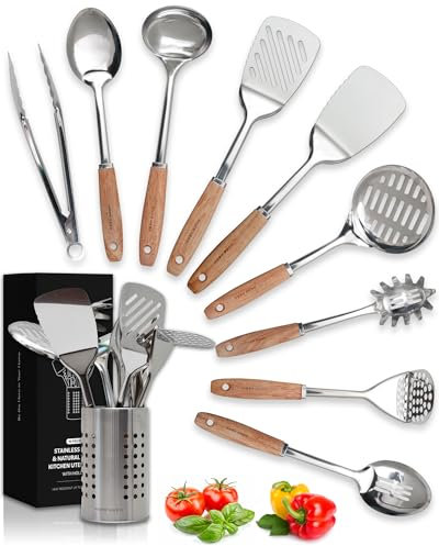 Home Hero Set di utensili da cucina in acciaio inossidabile Home Hero - Antiaderente e resistente - Utensili e gadget da cucina in metallo resistenti al calore (10 pezzi- Legno e Argento)