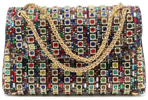 Crbeqabe Abendtasche mit Strasssteinen, silberfarbene Kristalle, Abendtasche, bunte Schultertasche, Umhängetasche, Handtasche für Hochzeit, Mehrfarbig, Einheitsgröße