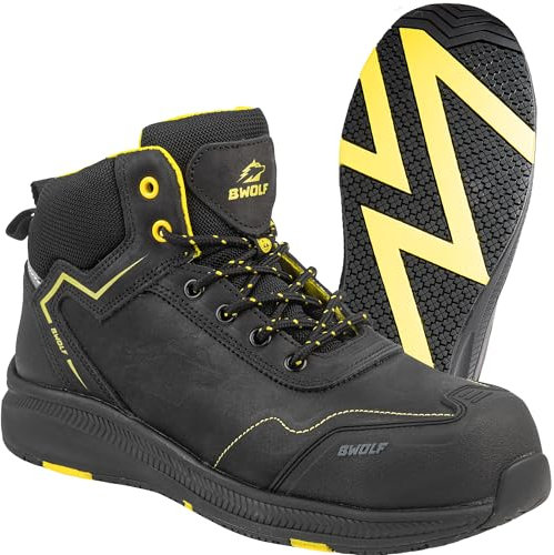 BWOLF Phoenix Arbeitsschuhe Herren S3 High Sicherheitsschuhe Herren S3 Nabuk wasserdicht, rutschhemmend 4x4 Grip Tech, Ergo Sohlen (Schwarz/Gelb, EU Schuhgrößensystem, Erwachsene, Numerisch, M, 44)