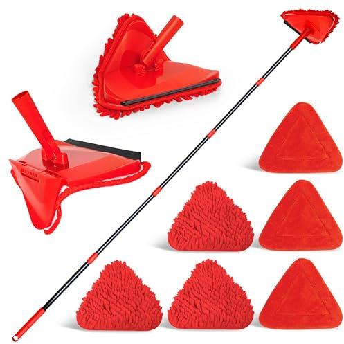 NEWE Wall Mop Cleaner with 202 cm Long Handle, 180° Folding Ceiling Cleaning Tool with Squeegee, Triangle Baseboard Scrubber with 4 Chenille Duster and 2 Microfiber Pads (Red)