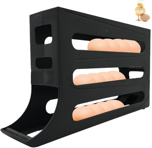 4 Tiers Egg Holder for Fridge, Auto Rolling Fridge Egg Organizer, Refrigerator Egg Holder for Refrigerator Kitchen Countertop Cabinet, Holds 30 Eggs(Black)