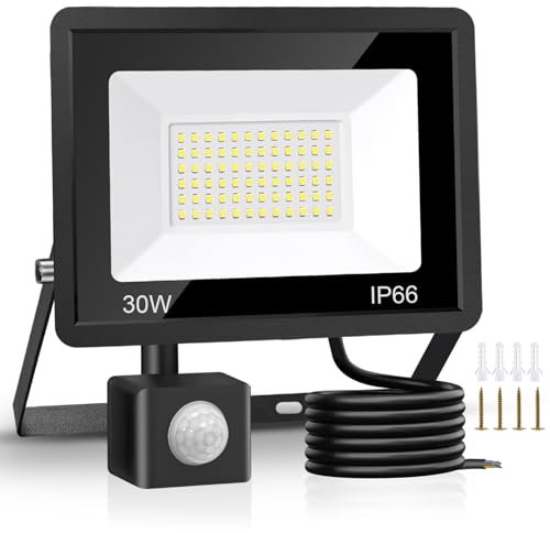 Jsdoin 30W Security Lights Outdoor Motion Sensor 3000 Lumen PIR Security Light 4500K LED Floodlights IP66 Waterproof Outside Daylight Wall Light with 2M Cable for Garage Garden Hallway Backyard (30W)