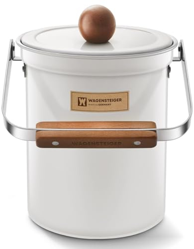 WAGENSTEIGER Kitchen Countertop Compost Bin 101ounces / 3Liters, Airtight Lid SUS304 Stainless Steel Odor-Free Food Waste Bin with Wooden Handle Stylish Design/Bathroom Trash Can (White)