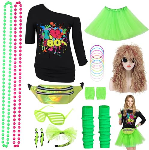 80er Jahre Outfit Damen, Neon Kostüm Damen Faschingskostüm 80er Jahre Erwachsener Mottoparty Outfit Kleidung für Karneval Fastnacht mit Neon Zubehör Tüllrock Gürteltasche Stirnband, Grün, G087L