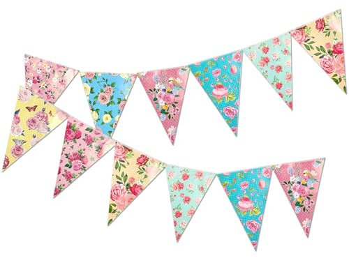 Floral Bunting Banner, 2.5 m Floral Vintage Triangle Flag for Tea Party Decoration, Elegant Flower Banner for Home Garden Mothers Day Afternoon Tea Birthday Party Wedding Party Decoration