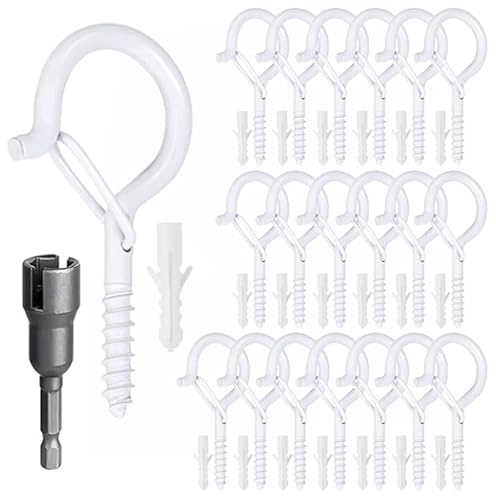 Wopanxye 20pack White Screw-in Hooks Wall Ceiling for Outdoor String Lights, Safety Buckle Design Cup Eye Hook Q-Hanger for Hanging Patio Light, Plants, Bird-Nest, Rope, Wind Chimes, 1 Wing Nut Driver