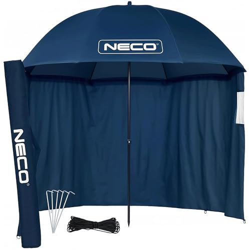 NECO Marineblau Angelschirm mit Blende 250 cm - Wasserdichtes, Doppel-Sonnenzelt mit Fenster, Großer Regenschirm zum Angeln, Karpfenzelt für Fische und Camping, für Angler