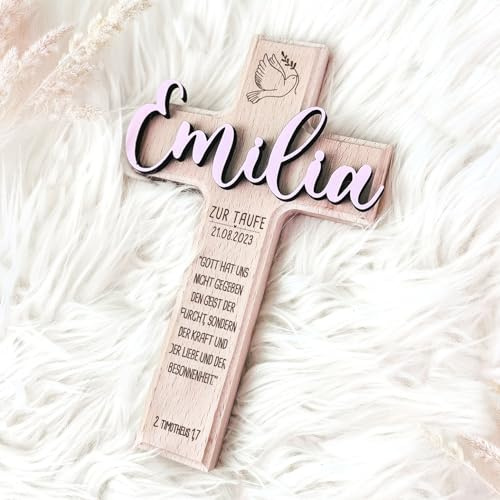 hellomini Personalisierbares Taufkreuz mit 3D-Namen & Taufspruch – Handgefertigtes Holzkreuz Buche – Individuelles Geschenk zur Taufe - Taufgeschenk für Kinder (Taube)
