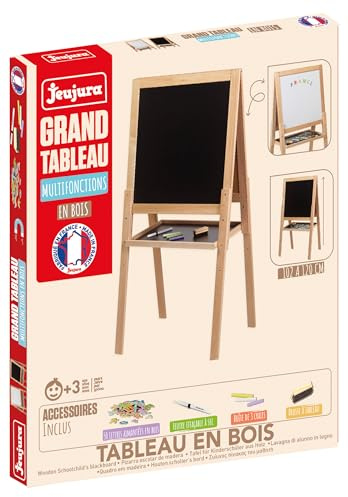 Jeujura - Grand Tableau Multifonctions en Bois - Jeu d'imitation - Une Ardoise en Bois - Une Ardoise Blanche magnétique - Tablette de Rangement - Ecrire - Dessiner - A partir de 3 Ans - 8748