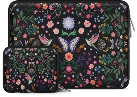 MOSISO Funda Portátil 13,3 Pulgadas, 13-14 Pulgadas Laptop Bolsa Compatible con MacBook Air/Pro 13/Pro 14, HP Dell Acer ASUS, Bolsa Neopreno con Diseño Colibrí Plantas y Flores con Funda Pequeña,Negro