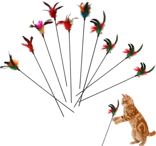 Cutiolly Katzenspielzeug Spielzeug mit Federn,10pc Katzenspielzeug Feder,Cat Feather Toys,Federstab,Katzenangel Ersatzfedern Anhänger Feder Glocke,Federn Katzen Spielzeug