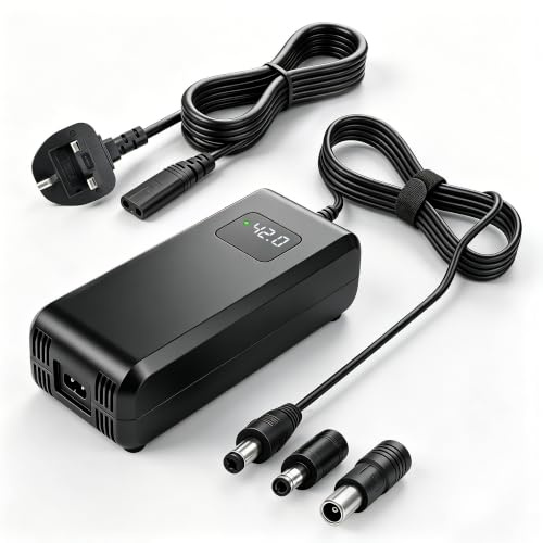 42V 5A Charger for 36V Lithium Battery E-Bike and Electric Scooter | connectors: 5.5×2.1/2.5mm and 8mm RCA,multi safety protection, real-time LED voltage display,Built-in fan and temp detector