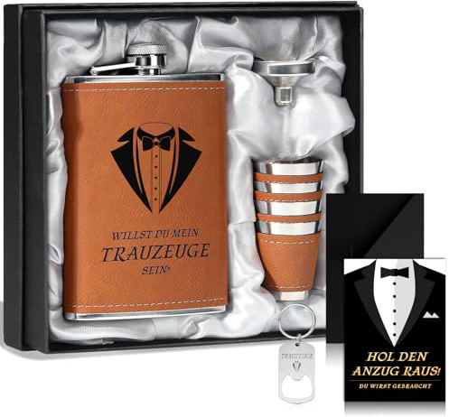 Trauzeugen Flachmann Willst Du Mein Trauzeuge Sein Geschenk Trauzeugen Karte 8oz Flachmann Mit Gravur Leder Braun 4 Becher Trichter In Schwarze Geschenkbox Edelstahl Schnapsgläser Für Hochzeit