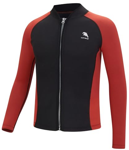 Riismen Mens 2mm Neoprene Swim Coat Long Sleeve Zip Up Rash Guard Jacket Professional Wetsuits Top Black&Red 3XL