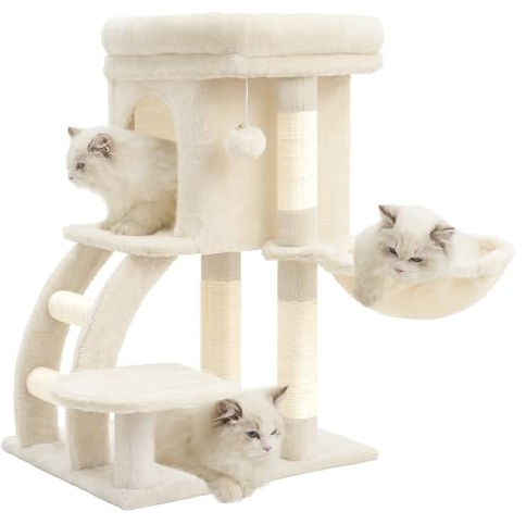 Heybly Árbol Rascador para Gatos, 75 cm De Alto Torre para Gatos con Plataforma Superior, Madriguera, Hamaca, Escalera para Trepar, Juguetes para Gato, Beige HCT009SM