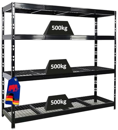 PROREGAL Scaffale professionale per carichi pesanti RHINO | AxLxP 180x200x60cm | 4 ripiani in rete | Portata per ripiano 500kg | Nero | Scaffalature per garage