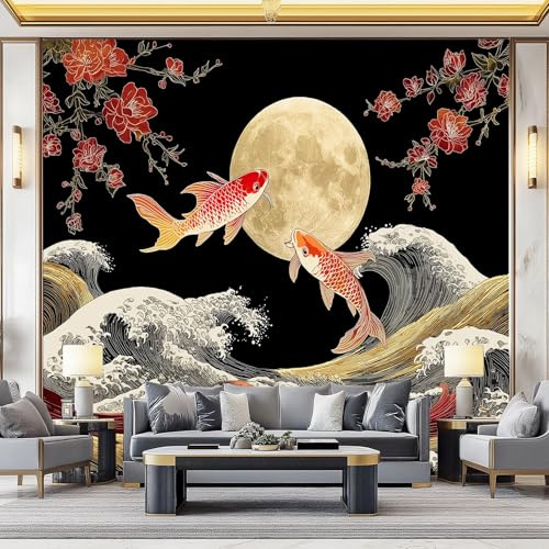Carta da parati Motivo A Pesci E Fiori Di Ciliegio 200 x 140 cm Decorazione murale moderna, Stile Giapponese decorativo per camera da letto soggiorno cameretta dei bambini, Nero