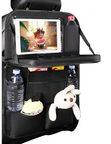 SciFiVisi Auto Organizer, 1 Stück Kinder Auto Aufbewahrungstasche mit Faltbar Tisch, mit 11 Sack, Rücksitz Organizer mit Tablet/Telefon Aufbewahrung (Abnehmbar Schwarz 1 Stück)