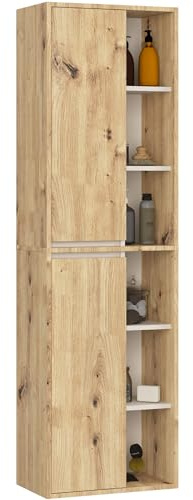 AKORD Bad-Hochschrank Hängend VAMI - 2 Türen, 10 Regalböden - Feuchtigkeitsbeständig - Laminierte Spanplatte - Badmöbel - Hoch Badschrank für Kosmetik - B50xH170xT30 cm - Artisan-Eiche & Kaschmir