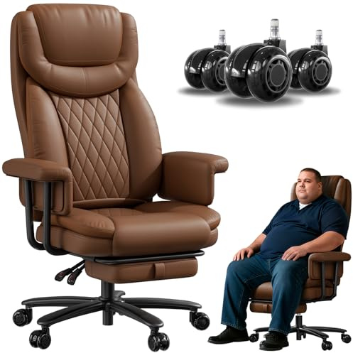 JULYMON Executive Office Chair Big and Tall 500LBS, 165° Reclining Heavy Duty Office Chair with Footrest & Quiet Rubber Wheels, Height Adjustable, Soft Strong Padded Arms, Brown