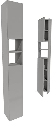 möbelkap Badezimmerschrank Grau 24×31×172 cm – Badschrank Hochschrank schmal, modernes Badmöbel mit Türen & offenen Fächern, viel Stauraum für Handtücher und Kosmetik